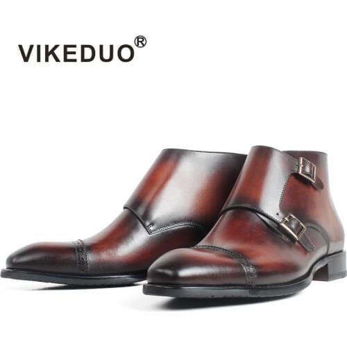 VIKEDUO Handmade Genuine Leather Ankle Boots Patina Blake Bespoke Monk Boots Male Buckle Classic Autumn Botas Hombre Brogue Shoe