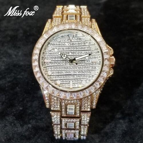 MISSFOX Hip Hop Iced Out Watches Men Luxury Rose Gold Quartz Wristwatch Classic Dimond Waterproof Steel Round Clock Dropshipping