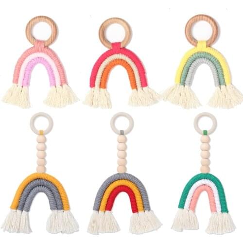 Baby Teether Crochet Organic Wood Ring Rattle Food Grade Rainbow Shape Wooden Teether Chewable Baby Products DIY Crafts Teething