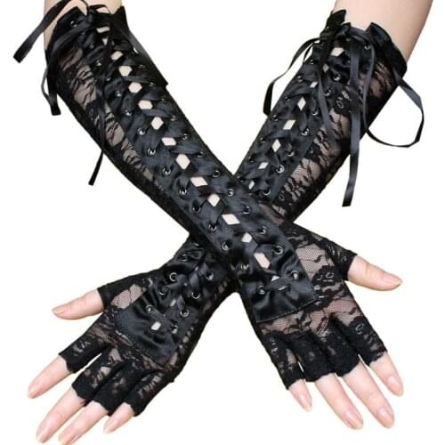 Long Retro Women Lolita Steampunk Armband Gloves Lace Hollow Vintage Victorian Tie-Up Brown Mitten Cosplay Accessory with rivets