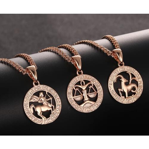 FJ 12 Zodiac Sign 585 Gold Color Constellation Rose White Pendants Capricorn/Gemini Twisted Necklace Chain Women Men Jewelry