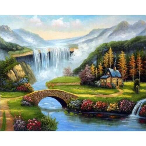 Bridge diamond art waterfall painting mosaic embroidery landscape picture puzzle stones stickers home decor needlework craft diy