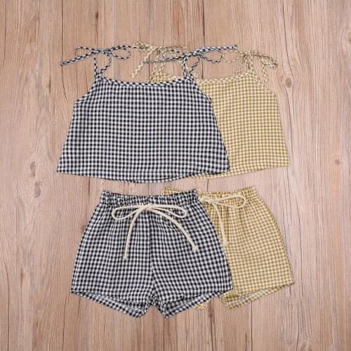 2Pcs Plaid Outwear Clothes Set Baby Girls Summer Sleeveless Bow Tie Strap Camisole + Shorts Set Toddler Infant Casual Clothings