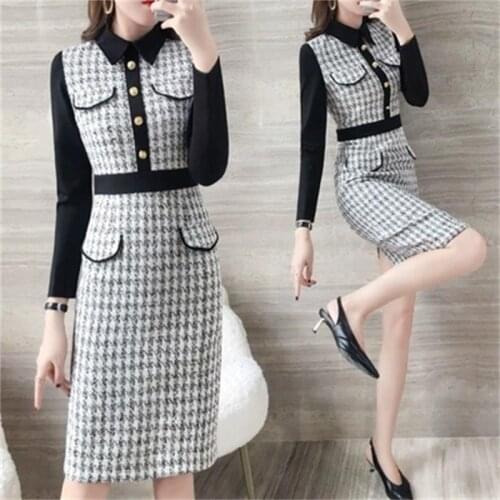 Fashion plaid dress female autumn and winter New high-end temperament ladies long-sleeved bottom wool bodycon dresses women