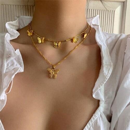 Fashion Butterfly Choker Necklace Women Collier Double Layered Gold Color Chain Pendants Necklaces Femme Collares Boho Jewelry