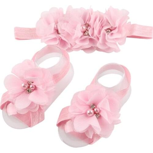 Baby girl hair accessories&shoes set Newborn Hairband chiffon Flower Headbands for girl Elastic Baby haarband Accessories