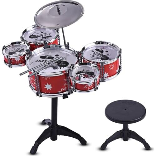 Jazz Drum Set Kit Musical Educational Instrument Children Kids Toy 5 Drums+1 Cymbal with Small Stool Drum Sticks for Boys Girls