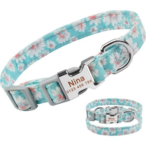 AiruiDog Nylon Flower Dog Collar Personalised Pet Custom Engraved Name ID Tag Adjustable