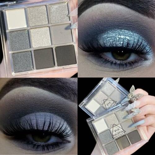9 Color Cool Toned Eyeshadow Palette Grey Black Smokey Matte Glitter Eyeshadow Powder Makeup Pallete Waterproof Pigment Cosmetic