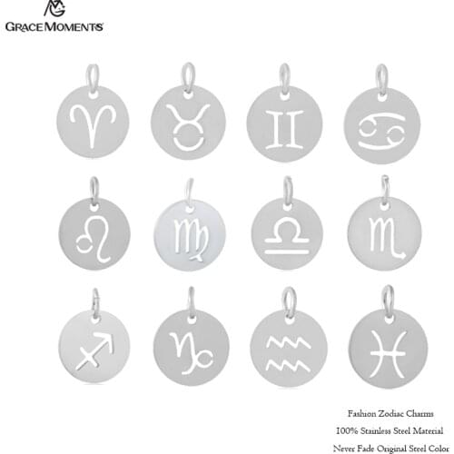 Grace Moments 12mm Stainless Steel Pendant 316L Zodiac Charms 12 Signs DIY Jewelry Never Fade Bracelet Charm 12pcs/lot