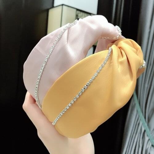 New Fashion Rhinestone Elegant Hairband Women Solid Wide Side Headband Middle Knot Turban Pretty Girls Hair Accessories Headwear