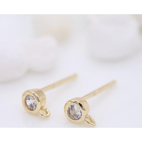 6PCS 4MM New 14K Gold Brass with Zircon Hooks Hole Round Stud Earrings Pins High Quality Jewellery Accessories