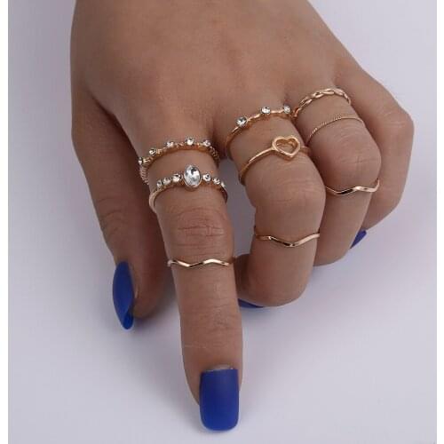 Vintage Summer 9Pcs/Set Fairy Friends Crystal Stone Metalic Fashion Finger Rings Korea Hit Rings for Women Girl Party