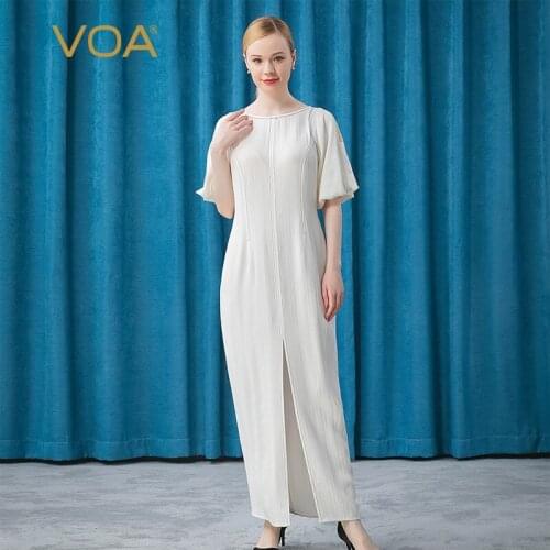 VOA Silk 40m/m Snow White Round Neck Contrast Arch Needle Leaky Shoulder Five Point Lantern Sleeve Large Split Skirt AE620