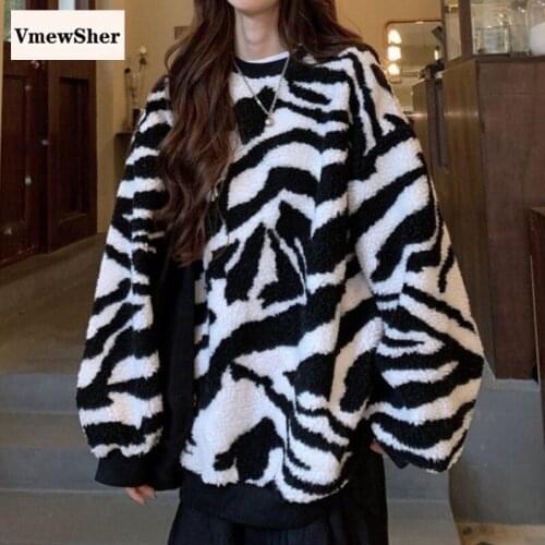 VmewSher New Winter Zebra Print Faux Fur Women O-neck Sweatshirt Fashion Long Sleeve Loose Hoodie Casual Autumn Warm Teddy Top