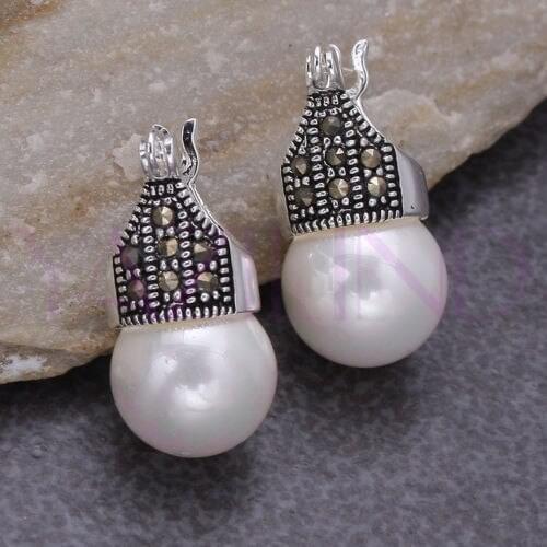 Whosale 2 colors black & white elegant simple round shell pearl bead 925 stud earring ohrring Pendiente pierced earrings