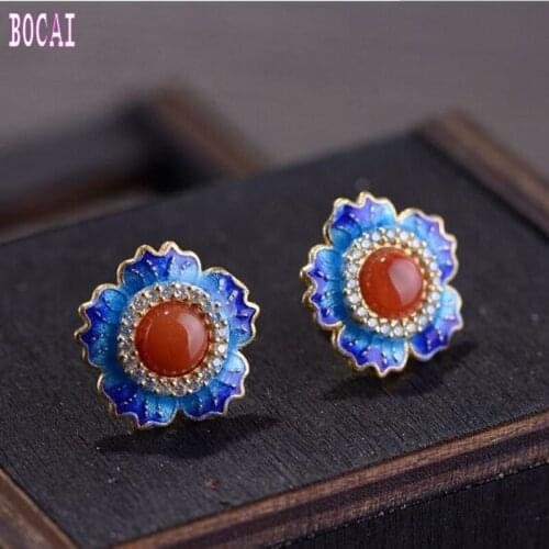 New S925 Silver Jewelry Women Fashion Burning Blue South Red Lapis Earrings Women Silver Earrings