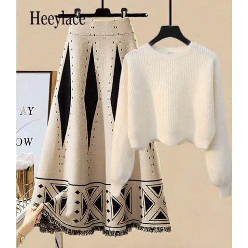 Plus Size Women Autumn Winter Warm Knitted Two Pieces Sets Korean Long Sleeve Pullover Sweater Top And High Waist Skirts Sets