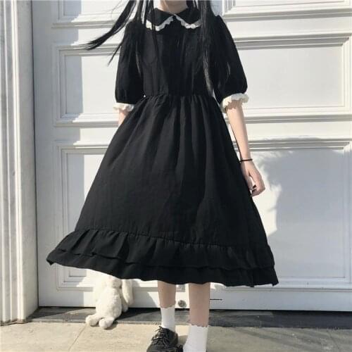 Women Summer Dress Black Japanese Preppy Sweet Peter Pan Collar Kawaii Lace Ruffles Mori Girl Goth Dress 3XL 4XL Big Plus Size