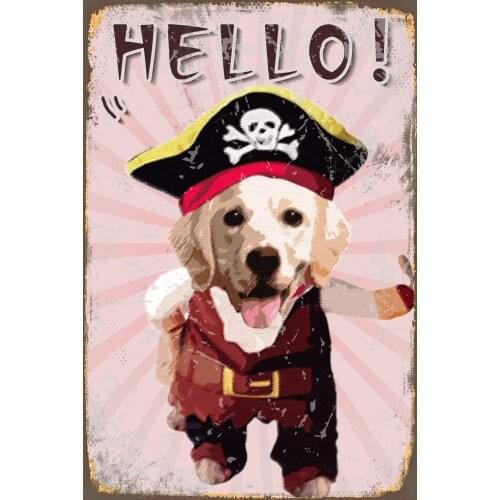Golden Retriever Pirate Dog Say Hello Wall Decor 8X12 Inch Retro Look Tin Decoration Painting Sign for Home Wall Decor