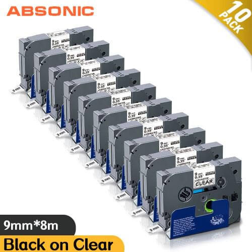 Absonic 10PK 9mm TZe Labels Tze-121 For Brother Tze 121 Tze121 TZ-121 Label Tape Black on Clear for Brother P Touch Label Maker