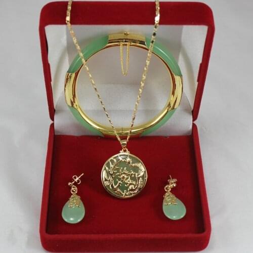 Noble 7.5' light green Jades bracelet, earings, and fine dragon inlay pendant jewelry sets for party and wedding
