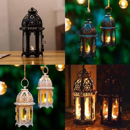 European Moroccan Wrought Iron Glass Candle Holder Classical Bar Home Wedding Place Wind Lamp Decoration Hanging Table Crea B2Y0