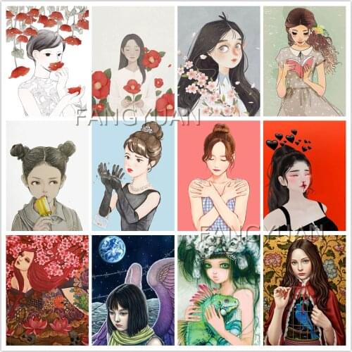 Illustration Cartoon Girls Diamond Painting Diy 5D Diamond Embroidery Full Square Round Drill Rhinestone Flower Protrait Poster