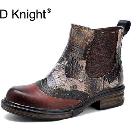 New IN Spot Retro Casual Ankle Western Boot For Woman British Printed Leather Fabric Stitching Flat-Heeled Womens Chelsea Boots