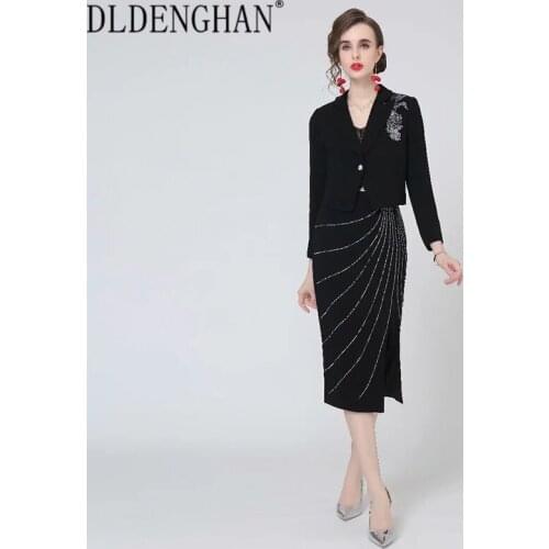 DLDENGHAN Fashion Runway Designer Autumn Suit Women Embroidery Applique Short Coat + Slim Pencil Skirt Two Piece Set