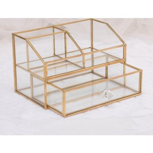 Makeup Organizer Glass Brush Holder Cosmetic Storage Vanity Decoration Jewelry Box Make up Brushes Case - 2 Layered with Drawer