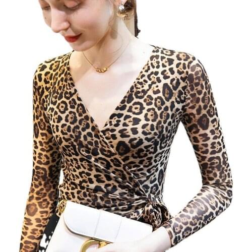 Autumn/Winter 2021 New Leopard Print Top Cross-strap Mesh Print Bottom Shirt with European Goods Shirt Shirts for Women