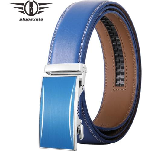 Plyesxale Automatic Buckle Male Belt Genuine Leather Men Belts Good Quality Black White Brown Blue Gray Mens Belts Luxury B538