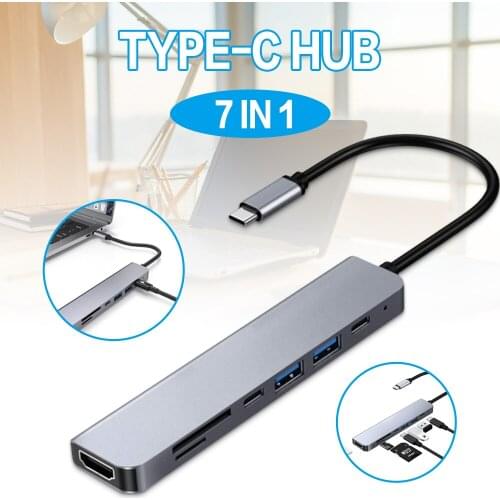 Pohiks 1pc 7-in-1 Type-C Docking Station Hub 4K HD HDMI-Compatible USB Laptop Adapter For PC Laptops Computer