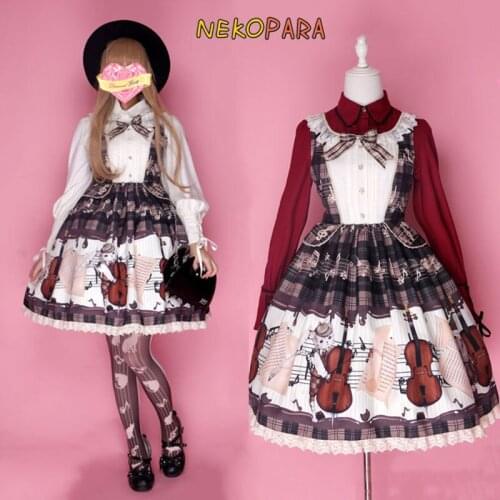 Violin Cat Cute Womens Lolita JSK Dress Classic Music Theme Sleeveless Suspender Dress Lace Trim Bow One Piece Color Brown