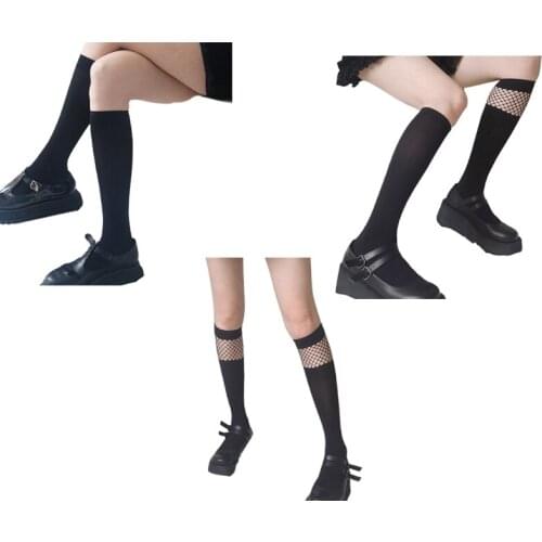Women Gothic Punk Black Knee High Long Socks Irregular Sheer Mesh Fishnet Patchwork Japanese Lolita Kawaii Stockings