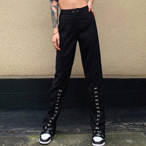 Indie Baggy Women Adjustable Split Straight Harajuku Y2K Pants Button High Waist Fashion Solid Black Casual Trousers