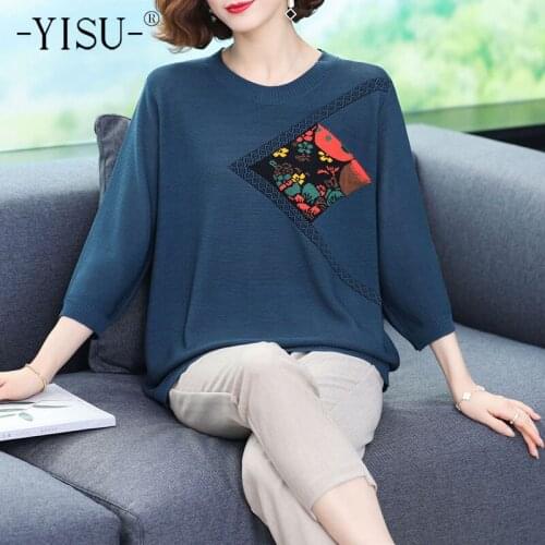 YISU Summer Loose Sweater O-Neck Middle sleeve Stitching Fashion Jumper Female Thin Casual Knitted Pullover Woman clothing 2021