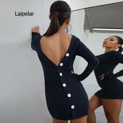 Womens dress 2021 casual sexy big exposed backpack hip skirt round neck button knit dress