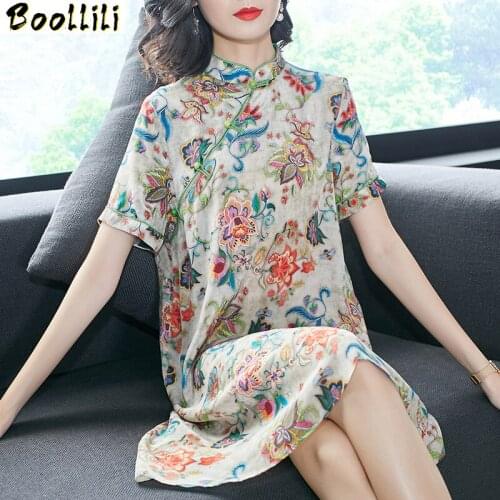 Boollili Real Silk Dress Women Print Floral Beach Dresses Fashion Boho Midi Dress Fashion Elegant Vintage Vestido Mujer
