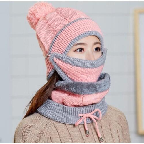 3pcs Winter Hats For Women Scarf Set Warm Thickend Knitted Bomber Hats With Scarf Face Cover Outdoor Gorros Mujer Invierno