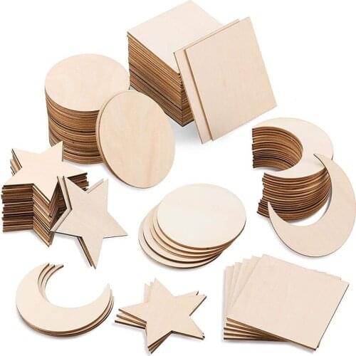 50PCS Unfinished Wood Pieces Blank Wooden Cutouts Square Circle Star and Moon Shape Wood Slices for DIY Art Crafts Decoration