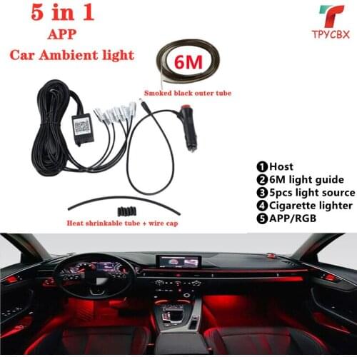 6 in 1 RGB LED Atmosphere Car Light Interior Ambient Light Fiber Optic Strips Light by App Control DIY Music 8M Fiber Optic Band