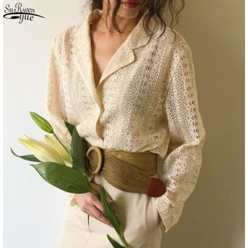Spring Blusas Women Tops Blouse Lace Simple Shirt Long Sleeve Solid Hollow Cardigan Korean Chic Top Loose Notched Collar Clothes