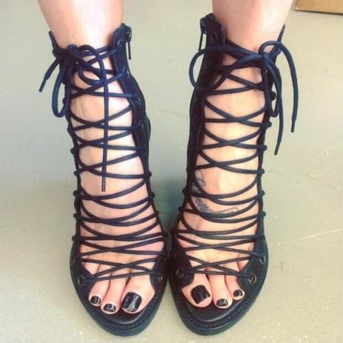 Chuassure female Summer ankle boots gadiator sandals open-toe cutouts design lace-up sandals black fashion party show shoes
