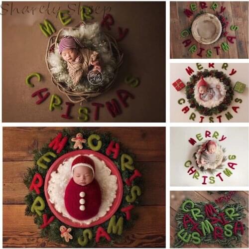 Handmade Merry Christmas Letters Newborn Photography Props Baby Photo Shoot Studio Xmas Wool Felt Backdrop foto shoot Background