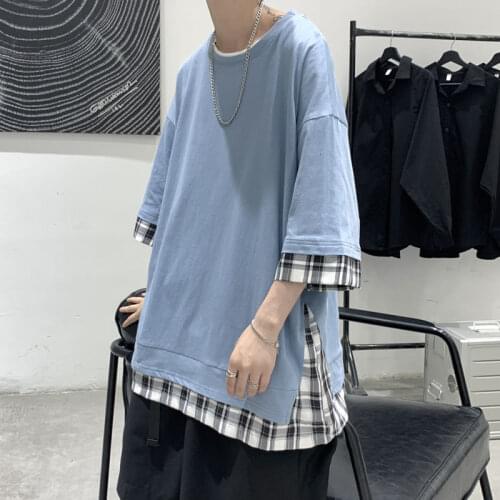 2021 Summer Mens Short Sleeve T-shirt Plaid Printing Half Sleeves Trend Tshirt Loose Cotton Top Streetwear Harajuku T Shirt