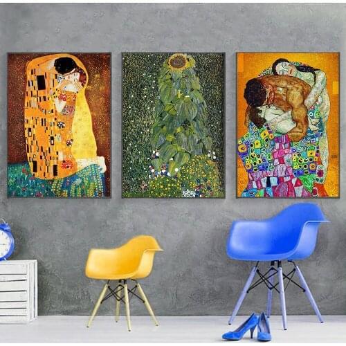 Gustav Klimt kiss Sunflower Abstract Oil Painting on Canvas Print Poster Modern Couple Art Wall Pictures For Living Room Cuadros