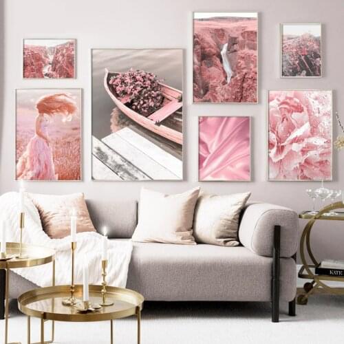 Mountain River Flower Boat Girl Canvas Nordic Posters And Prints Wall Art Canvas Painting Wall Pictures For Living Room Decor