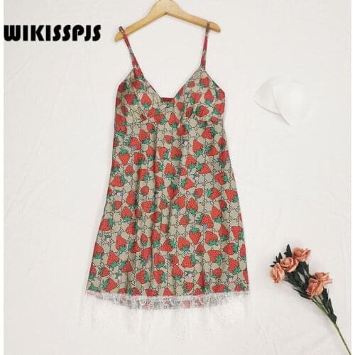 WIKISSPJS 2021 NewSummer Suspender Ice Silk Nightdress Lovely Strawberry Print with Bra Pad Hanging Skirt Sexy Women Sleepwear
